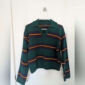 Mango Green and Orange Striped V-Neck Sweater